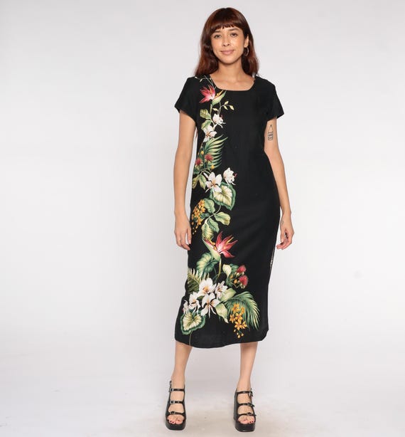 Hawaiian Floral Dress Y2K Black Tropical Print Cotton Bird of Paradise Dress Hibiscus Palm Print Short Sleeve Side Slit Scoop NeckSmall S