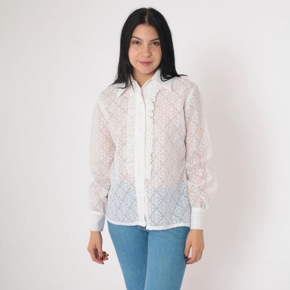 Vintage 70s Lace Blouse Sheer White Tuxedo Ruffle Floral Button Up Shirt Boho Victorian Top Romantic Long Sleeve Feminine 1970s Large 12