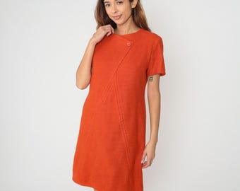 60s Orange Wool Mini Mod Dress Shift  Short Sleeve Round Neck A Line Vintage Work Office Day Dress Fall Autumn Pumpkin Bright Medium M