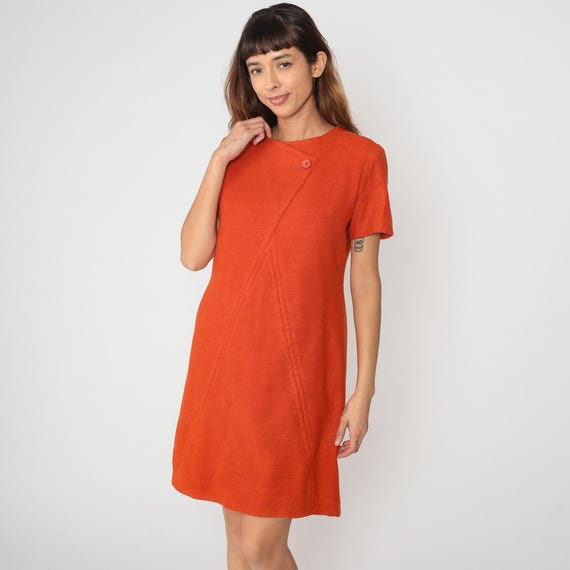 60s Orange Wool Mini Mod Dress Shift  Short Sleeve Round Neck A Line Vintage Work Office Day Dress Fall Autumn Pumpkin Bright Medium M