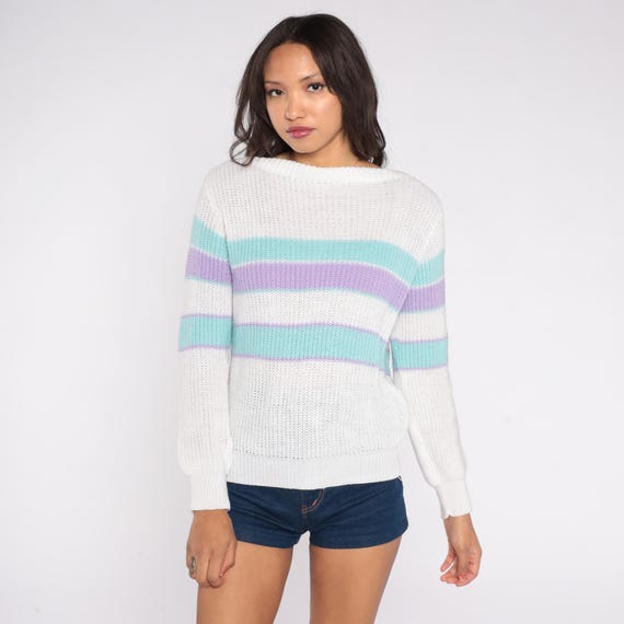 80s Pastel Stripe Sweater White Lilac Mint Knit Pullover Soft Textured Knitwear Lightweight Spring Retro Classic Pastel Style Small S