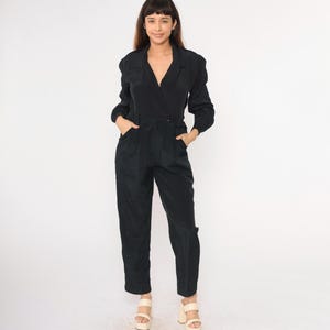 Vintage Black Jumpsuit 90s V Neck Wrap Jumpsuit Long Sleeve Pocket Playsuit Straight Leg High Waisted Pants Pantsuit 1990s SMall