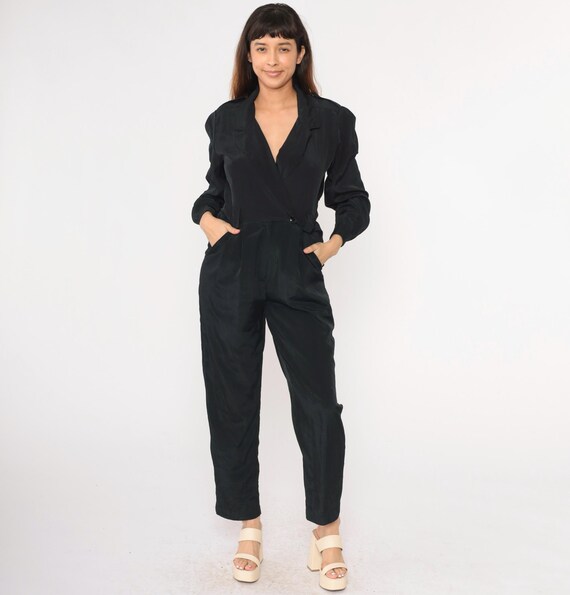 Vintage Black Jumpsuit 90s V Neck Wrap Jumpsuit Long Sleeve Pocket Playsuit Straight Leg High Waisted Pants Pantsuit 1990s SMall