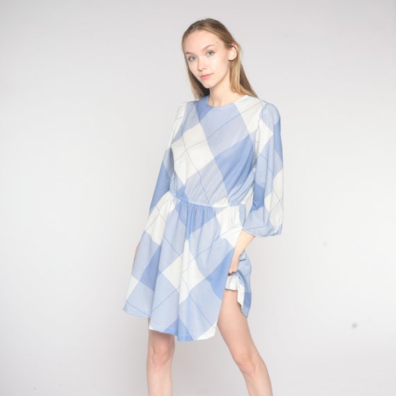 Checkered Mini Dress 70s Day Dress Blue White Plaid Print Long Puff Sleeve Retro A Line High Waisted Girly Summer Vintage 1970s Medium Large