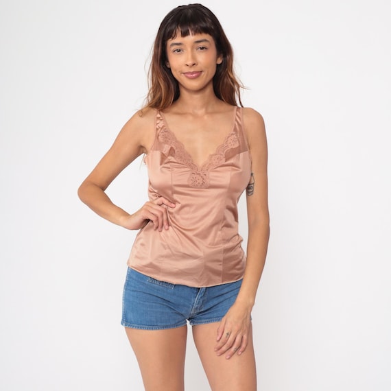 Beige Camisole 80s Vintage Lingerie Top Satin Lace Trim V Neck Tank Romantic Boudoir Slip Style Fitted Blouse Y2K Coquette Mauve Small S