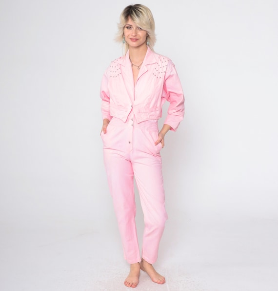 Vintage Baby Pink Jumpsuit 80s Studded Coveralls Button up Attached Vest Twofer Pants Long Sleeve Boilersuit One Piece Pastel 1980s 2xs xxs