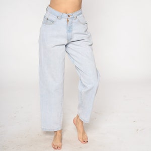 High Waisted Jeans 90s Light Stone Wash Denim Mom Jeans Straight Leg Relaxed Streetwear Boyfriend Pants 1990s Vintage Raw Rags Medium 30