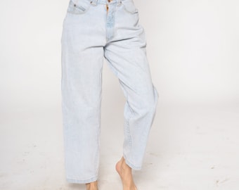High Waisted Jeans 90s Light Stone Wash Denim Mom Jeans Straight Leg Relaxed Streetwear Boyfriend Pants 1990s Vintage Raw Rags Medium 30