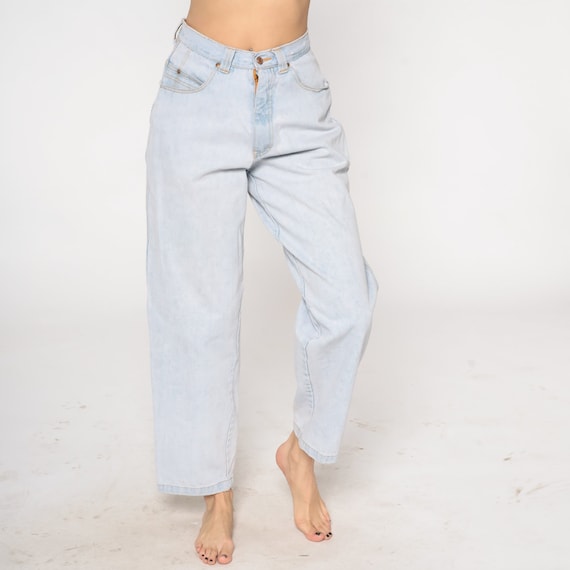 High Waisted Jeans 90s Light Stone Wash Denim Mom Jeans Straight Leg Relaxed Streetwear Boyfriend Pants 1990s Vintage Raw Rags Medium 30