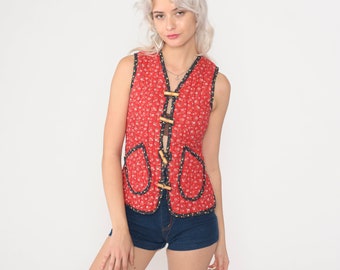 Quilted Floral Vest 70s Red Calico Print Hippie Boho Vest Sleeveless Festival Toggle Button Up Boho Top 1970s Bohemian Extra Small xs 0