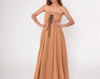 Vestido largo sin tirantes de los años 70, vestido veraniego con corsé y cordones en marrón, vestido bohemio, vestido veraniego hippie bohemio vintage de los años 70, vestido veraniego para festivales, talla pequeña S