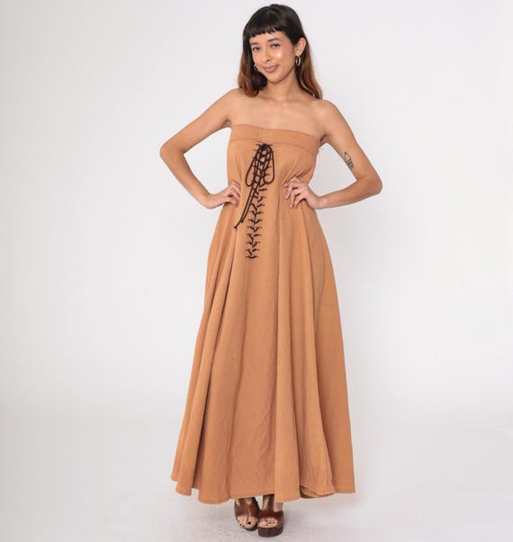70s Strapless Maxi Dress Brown Lace Up Corset Sundress Boho Gown 1970s Hippie Bohemian Vintage Festival Sun Dress Small S