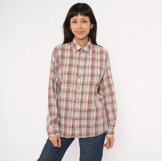 80s Plaid Shirt Button Front Cream Burgundy Striped Cotton Long Sleeve Point Collar Relaxed Fit Checked Top Vintage Flannel Blouse Medium M