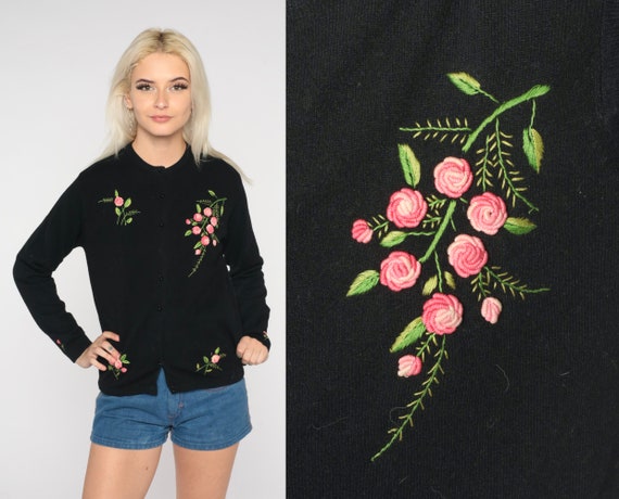 60s Floral Cardigan Black Embroidered Rose Sweater Button Up Wool Grandma Sweater Retro Rosettes Boho Hippie Knitwear Vintage 1960s Small S