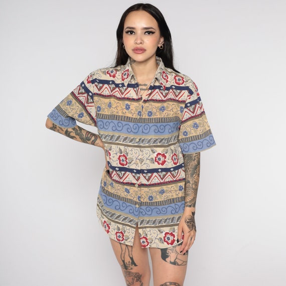 90s Geometric Shirt Striped Floral Blouse Button Up Top 1990s Flower Print Short Sleeve Vintage Retro 1990s Blue Beige Medium