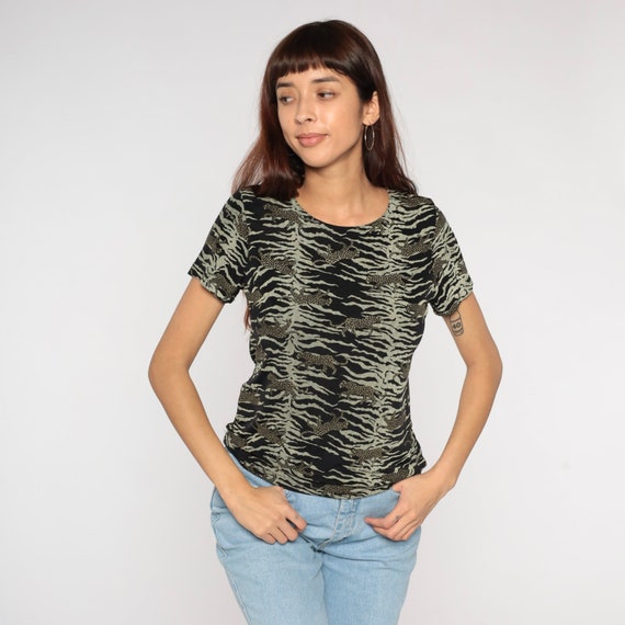 Leopard Shirt 90s Animal Print Top Boho Hippie Short Sleeve Summer Blouse Zebra Stripe Black Grey Retro Vintage 1990s Bentley Small Medium