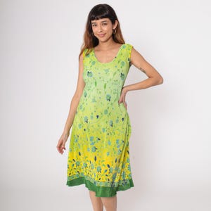 Lime Ombre Midi Dress 90s Sleeveless Scoop Neck Pleated Green Yellow Blue Floral Print Vintage Color Block Gradient Extra Large XL Plus Size