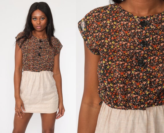 Brown Floral Dress Mini Bohemian Button Up 70s Vintage Boho High Waisted Cap Sleeve Collar Retro 1970s Small S