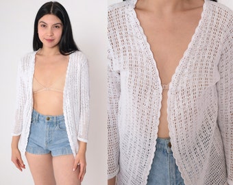 Sheer White Crochet Cardigan 90s Knit Open Front Sweater Boho Hippie Festival Blouse Bohemian Open Weave Vintage 1990s Small S