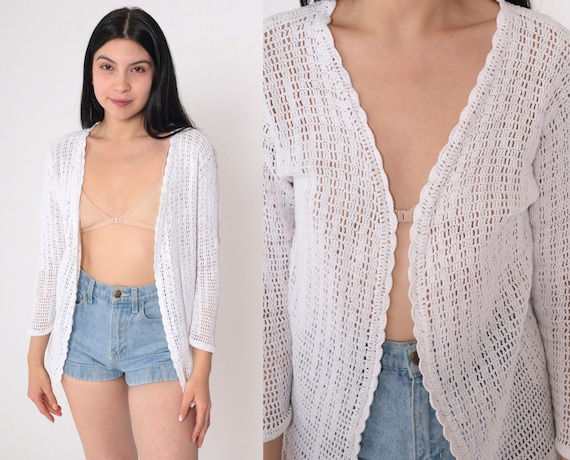 Sheer White Crochet Cardigan 90s Knit Open Front … - image 1