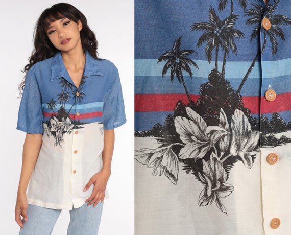 Tropical Shirt Surfer HAWAIIAN Blouse 80s Palm Tree Top Striped Button Up Short Sleeve Surf Vintage Beach Men's Large