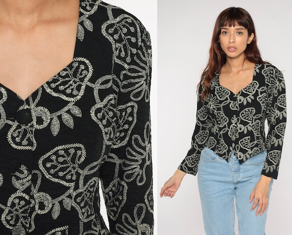 Leaf Print Shirt 90s Black Abstract Blouse Button Up Shirt Boho Long Sleeve Top Tailored Shirt Tropical Secretary Retro Vintage 1990s Medium