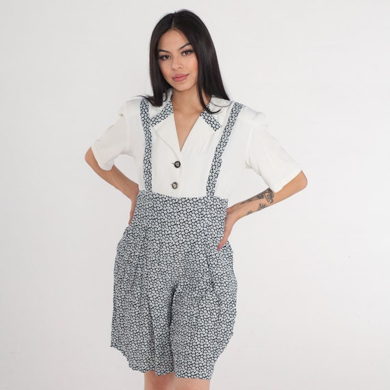 90s Romper Floral Playsuit White Button up Suspender Wide Leg Shorts Retro Summer Empire Waist Jumpsuit Mini Dress Vintage 1990s Medium M