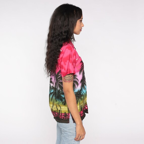 80s Hawaiian Shirt Palm Tree Luau Dancer Sunset P… - image 5