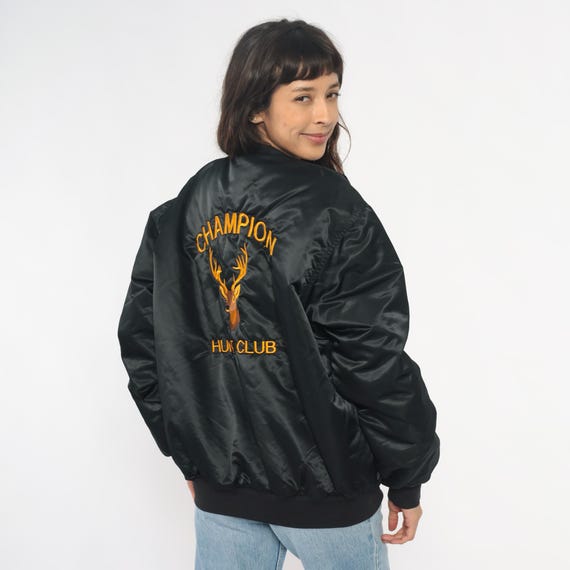 Black Bomber Jacket 90s Embroidered Deer Hunt Club Satin Varsity Windbreaker Vintage Ribbed Personalized John Name Gold Orange Large L