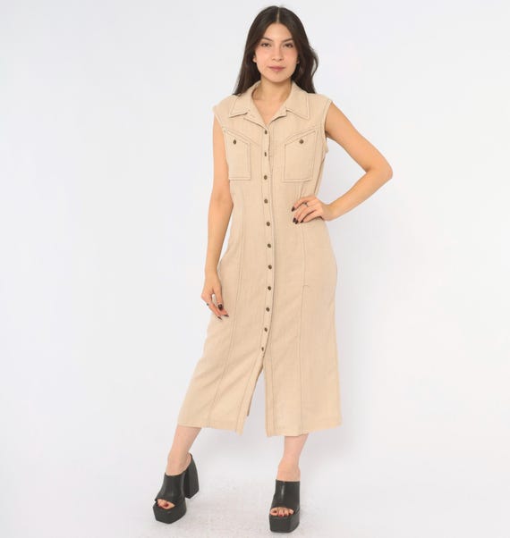 80s Beige Linen Shirtdress Sleeveless Button Front Midi Collared Tan Neutral Natural Minimalist Safari Summer Studio 1 Vintage Medium M