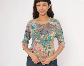 Y2K Psychedelic Floral Top Three Quarter Sleeve Sequin Embellished Paisley Teal Rose Lavender Watercolor Blouse Flower Power Shirt Small S