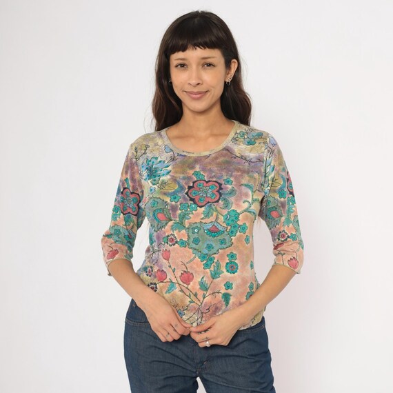 Y2K Psychedelic Floral Top Three Quarter Sleeve Sequin Embellished Paisley Teal Rose Lavender Watercolor Blouse Flower Power Shirt Small S
