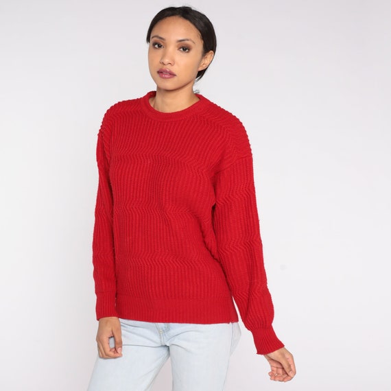 Red Knit Sweater 80s Saugatuck Pullover Sweater Slouchy Wavy Textured Jumper Basic Minimalist Plain Crew Neck Retro Vintage 1980s Medium M