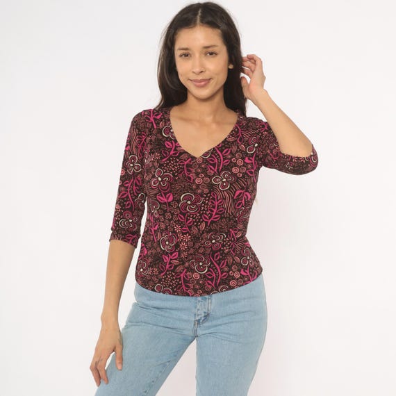 Y2K Pink Floral Whimsical Top 2000s Three Quarter Sleeve Brown Botanical Blouse Folk Art Doodle Pattern Shirt Magenta Rose Vintage Large L