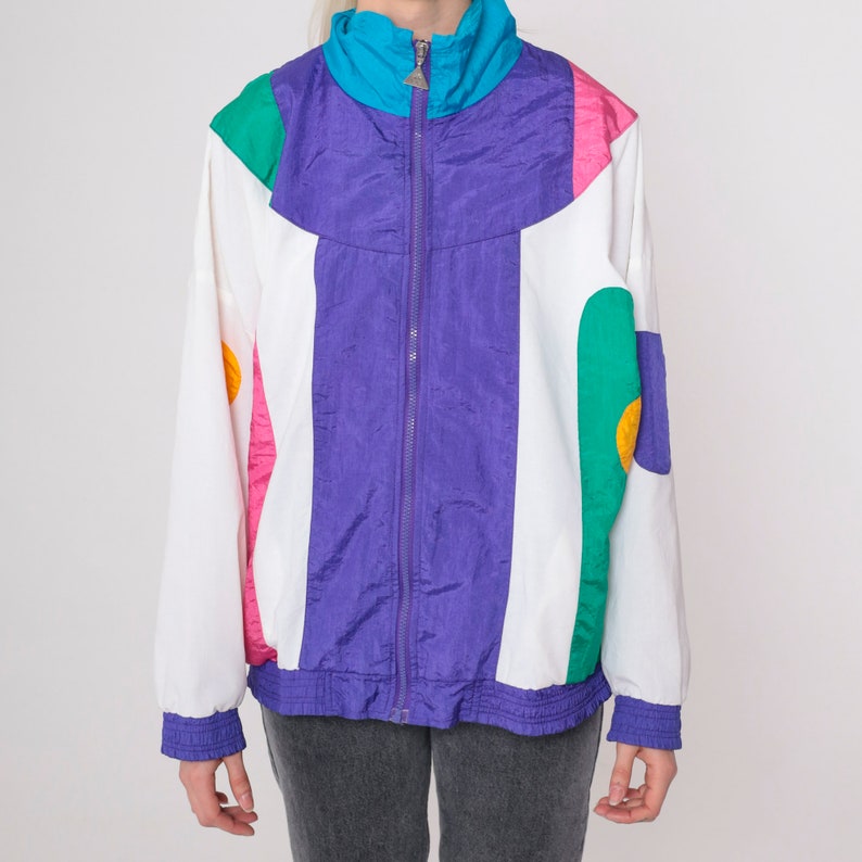 90s Windbreaker Jacket White Purple Color Block Jacket Geometric Print Vintage 1990s Zip Up Warmup Track Jacket Oversized Medium Petite image 7