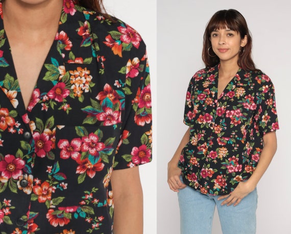 Black Floral Blouse Y2K Button Up Shirt Flower Print Short Sleeve Top Collared Retro Preppy Summer Bohemian V Neck Vintage 00s Medium M