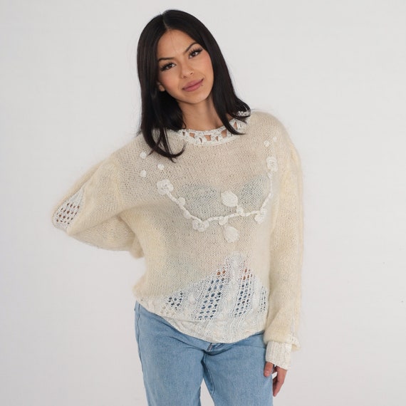 80s Floral Sweater Cream Open Cable Knit Pullover Sweater Pearl Beaded Mohair Semi-Sheer Cutout Jumper Bohemia Cut Out Vintage 1980s Large L