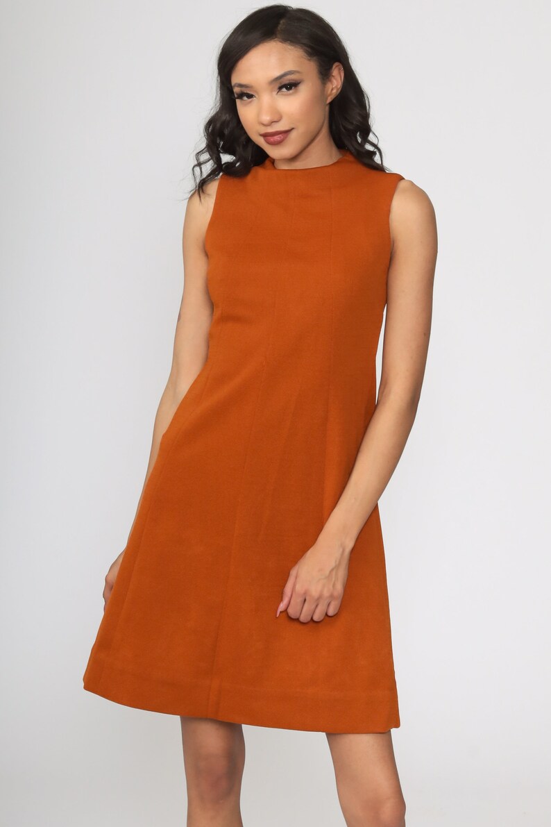 Mod Mini Dress Brown Dress 60s Shift Sleeveless Dress Funnel Neck Poly 1960s Gogo Vintage Sixties Twiggy Plain 70s Minidress Extra Small xs