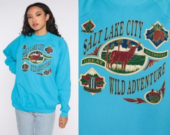 Salt Lake City Sweatshirt 80s Deer Shirt Raglan Sleeve Retro Slouchy Jumper Pullover 1980s Graphic Vintage Blue Fruit of the loom Large xl
