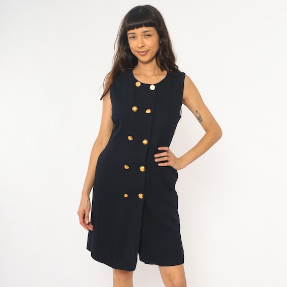 Nautical Summer Dress 90s Liz Claiborne Dark Blue Gold Double Breasted Sleeveless Striped Back Tie Yacht Party Vintage Dark Academia Medium