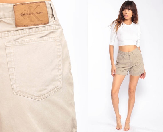 Khaki Shorts Calvin Klein Shorts High Waisted Shorts Mom Shorts 90s Shorts Cuffed Cotton Tan Vintage Retro Hi Rise Waist Extra Small xs 26 2