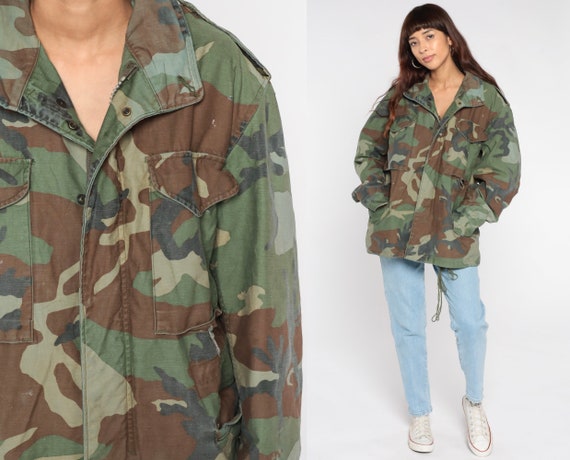 Camouflage Army Jacket CAMO Military Jacket Distressed Olive Drab Green Grunge 90s Commando Cargo Oversized 1990s Vintage Medium Short