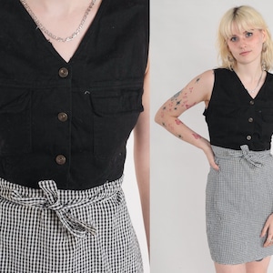 90s Mini Dress Black White Gingham Day Dress Sleeveless Button Up Shift Retro Chic Grunge Casual Minidress V Neck Vintage 1990s Medium 10p image 1