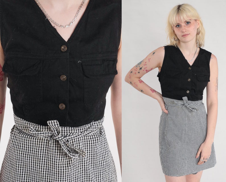 90s Mini Dress Black White Gingham Day Dress Sleeveless Button Up Shift Retro Chic Grunge Casual Minidress V Neck Vintage 1990s Medium 10p image 1