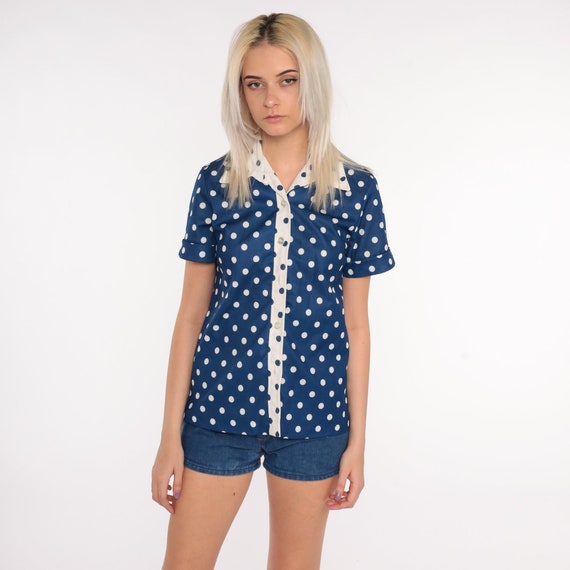 Polka Dot Shirt 70s Top Button Up Shirt Blue Blou… - image 4