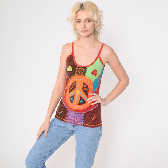 Peace Sign Tank Top Y2K Patchwork Hippie Shirt Em… - image 2