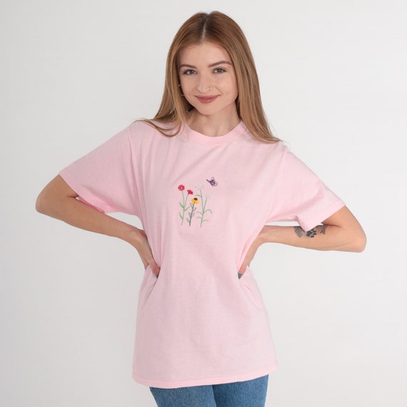Pink Flower Shirt 90s Embroidered Butterfly T-Shirt Rhinestone Studded Sparkly Gardening Tee Retro Grandma Cute Cotton Vintage 1990s Small S