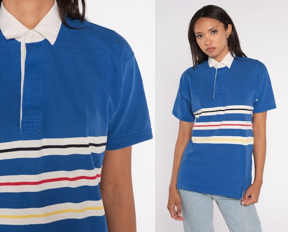 Blue Polo Shirt 80s Striped Shirt White Shirt Half Button Up Shirt Retro Tshirt Collared 1980s Vintage Short Sleeve Cotton Small S