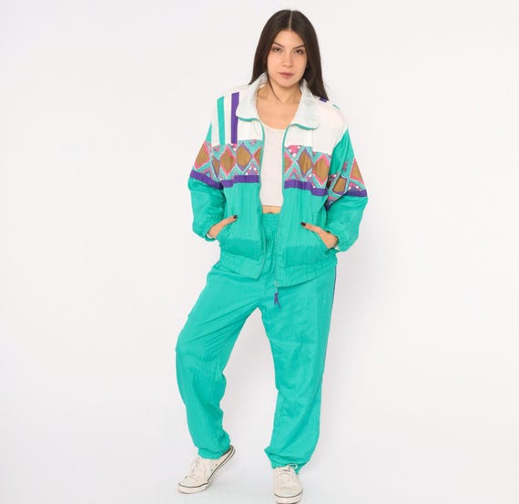 90s Teal Tracksuit Set Windbreaker Jacket Jogger Pants Two Piece Jumpsuit Jogging Geometric Diamond Print Purple White Colorblock Vintage