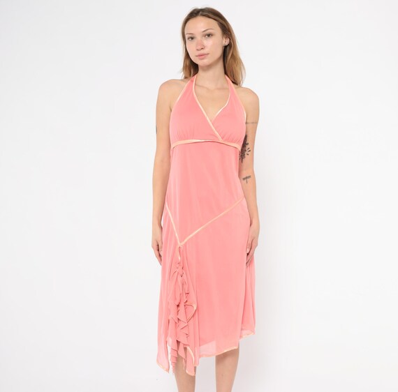 Y2K Coral Halter Dress Surplice Neckline Satin Trim Ruffle Chiffon Overlay Backless Tie Neck Pink Summer Beach Party Coquette Salmon Large L